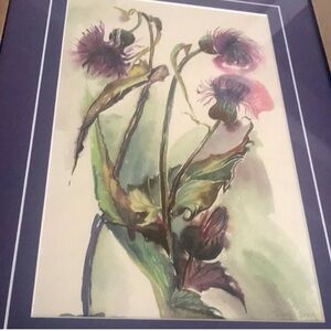 Vintage 1995 set of 2 floral watercolors signed purple professional framed